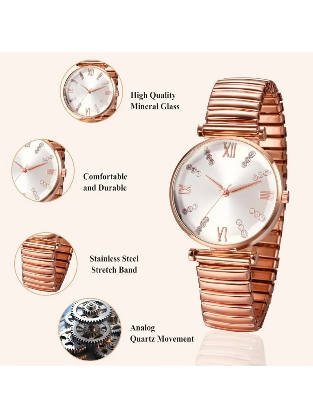 Women's Rose Gold Analog Quartz Elastic Strap Arabic Numerals Waterproof Watch